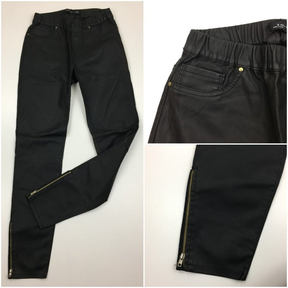 NWOT ZARA Black Faux Leather Pull On Zipper Ankle Slim Fit Skinny Pants - Picture 1 of 12